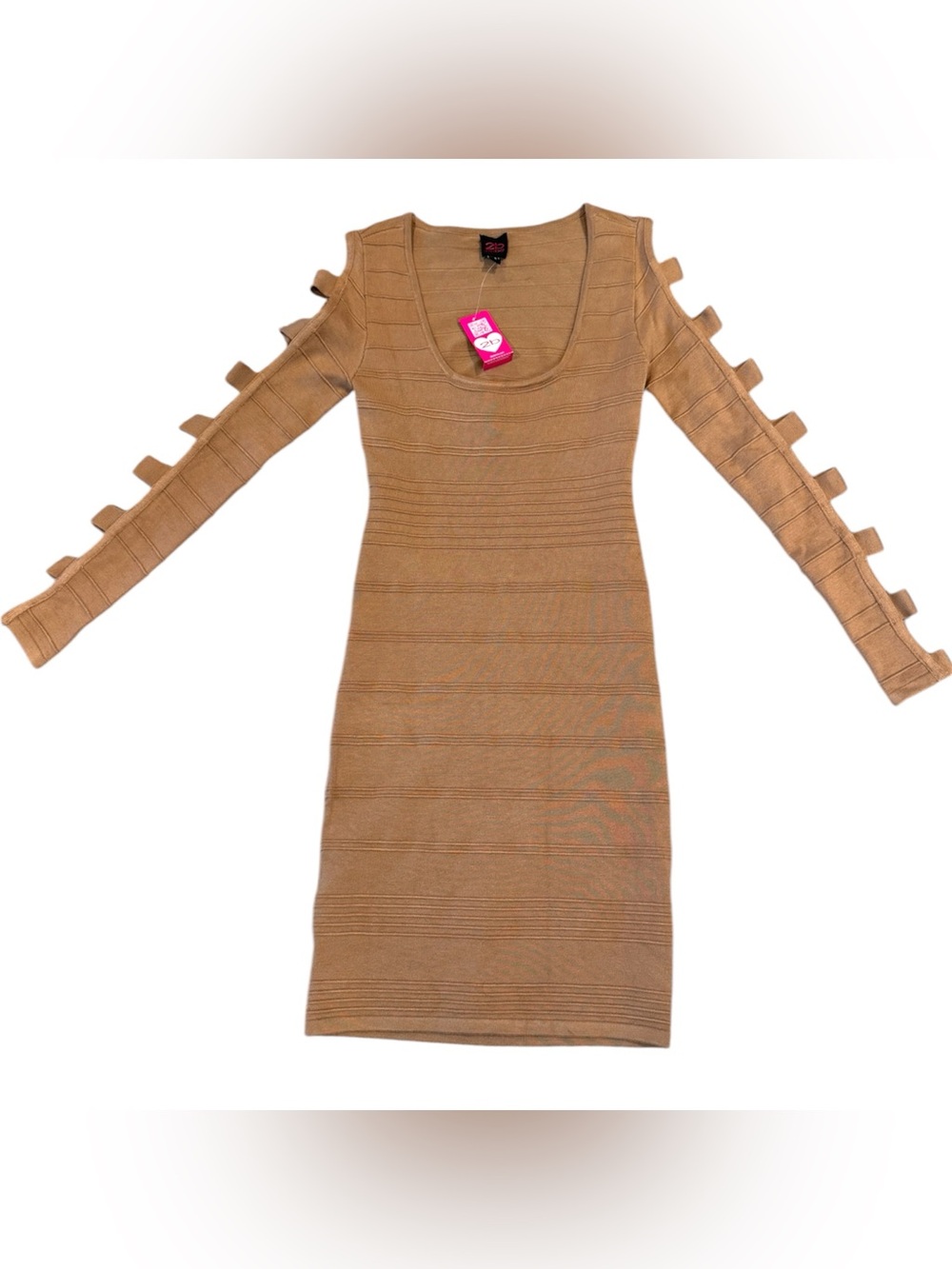 Ribbed Cutout-Sleeve Long Sleeve Bodycon Dress in Camel Tan